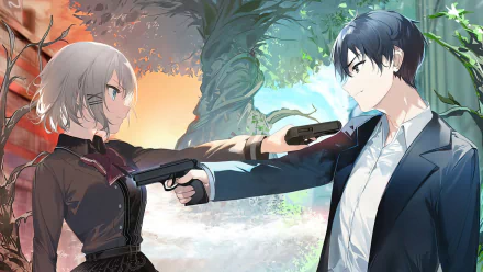 HD PC desktop wallpaper featuring Kimizuka Kimihiko and Siesta from the anime The Detective Is Already Dead, depicting a tense standoff framed by contrasting autumn and spring backgrounds.