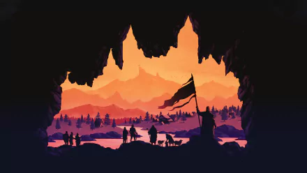 4K Ultra HD Age of Empires IV PC wallpaper showing silhouettes of figures and a flag inside a cave, overlooking a vibrant sunset landscape with mountains and forests.