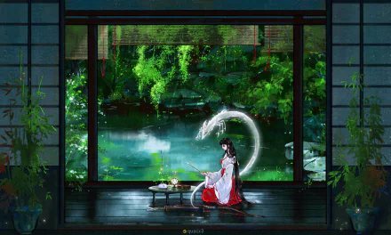 HD anime desktop wallpaper featuring Kikyô from InuYasha with long hair, sitting gracefully by a tranquil pond surrounded by lush greenery.