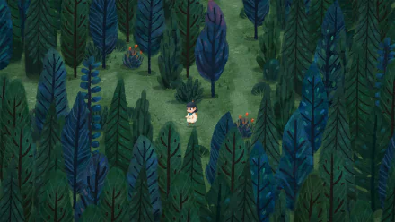 HD desktop wallpaper featuring Carto, a character exploring a lush, stylized forest with tall, colorful trees.