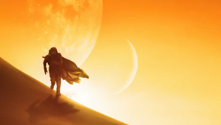 Silhouetted figure walking on sand dunes under two large celestial bodies in a bright, orange-toned scene from the movie Dune (2021), rendered in 4K Ultra HD.
