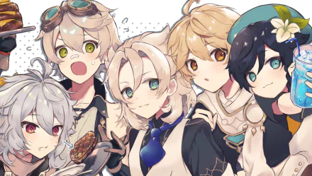 HD PC desktop wallpaper featuring Venti, Razor, Bennett, Albedo, and Aether from the video game Genshin Impact in vibrant, detailed artwork.