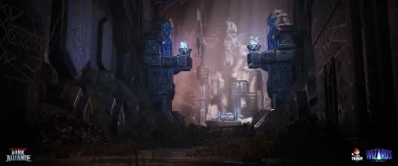 Dungeons & Dragons: Dark Alliance HD Wallpaper featuring a mystical corridor with illuminated statues