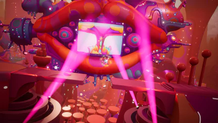 HD desktop wallpaper featuring a vibrant and psychedelic scene from The Artful Escape video game with colorful landscapes and laser beams.