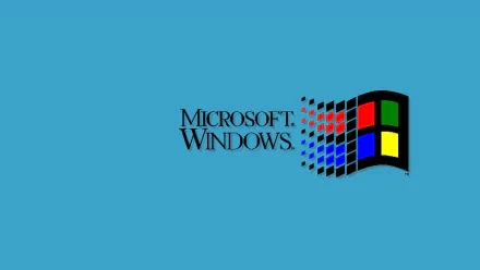 Retro Microsoft Windows 95 logo and multicolored waving flag centered on a teal HD PC desktop wallpaper background, evoking vintage technology.