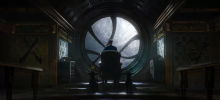 HD PC wallpaper featuring Doctor Strange from the TV show What If..., showing him seated in front of a large, circular window casting dramatic light.
