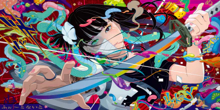 Fortnite loading screen-style HD PC desktop wallpaper: anime-inspired masked girl wielding a glowing blade amid swirling neon ribbons and abstract shapes, video game artwork.