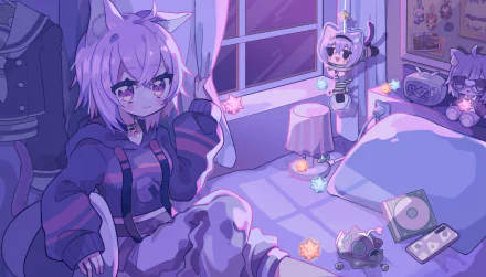 HD desktop wallpaper featuring Nekomata Okayu, a short-haired anime virtual YouTuber from Hololive, depicted in a cozy, softly lit room with pastel tones.