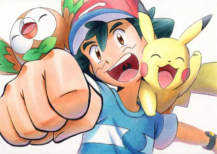 Anime Pokémon 2K Quad HD desktop wallpaper: Ash Ketchum grinning and pointing forward with Pikachu on his shoulder and Rowlet perched on his hand.