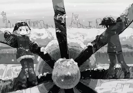 Black-and-white anime HD wallpaper featuring Chito and Yuuri from Girls' Last Tour standing on a large mechanical structure in a snowy, desolate cityscape.