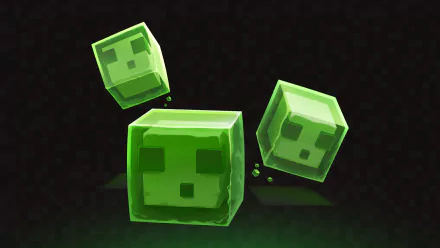 HD PC desktop wallpaper: three translucent green slime cubes with pixelated faces from the video game Minecraft: Dungeons floating over a dark textured background.