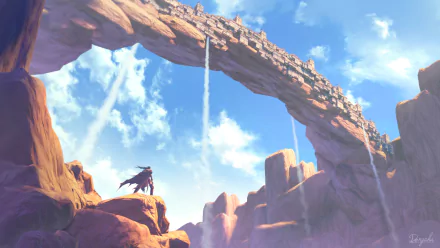 HD anime landscape wallpaper featuring a lone figure standing on rocky terrain beneath a massive natural stone arch under a bright blue sky with scattered clouds.