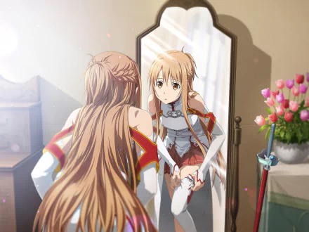 HD PC desktop wallpaper featuring Asuna Yuuki from the anime Sword Art Online, showing her reflection as she adjusts her outfit in front of a mirror.