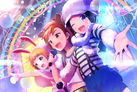 HD anime desktop wallpaper featuring Kanon Himeno, Shiro Tachibana, and Nao Okamura from THE iDOLM@STER: SideM in vibrant, colorful stage attire.