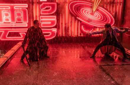 HD desktop wallpaper featuring Kenta (Takehiro Hira) and Snake Eyes (Henry Golding) from the movie Snake Eyes: G.I. Joe Origins in a neon-lit rain-soaked urban scene.