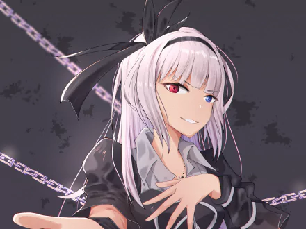 HD PC wallpaper of Luminous Valentine from That Time I Got Reincarnated as a Slime: white-haired anime girl with heterochromia (red and blue eyes), smirking before dark chains.