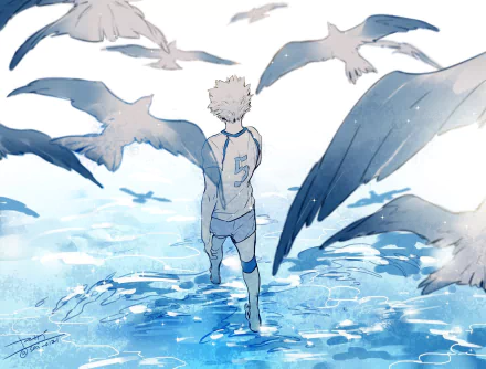 HD anime desktop wallpaper featuring Kōrai Hoshiumi from Haikyū!! running through water with seagulls flying overhead in a serene, blue-toned scene.