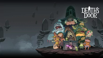 A vibrant HD desktop wallpaper from the video game Death's Door, featuring whimsical characters and a mysterious landscape against a dark backdrop.