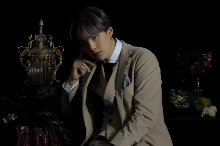 HD desktop wallpaper of Suga (Min Yoongi) from BTS, the K-pop singer, dressed in a beige suit against a dark, ornate background.