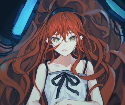 Frill (Wonder Egg Priority) anime HD desktop wallpaper: red-haired girl with long flowing hair and green eyes, wearing a white dress with a black bow against a dark neon background.