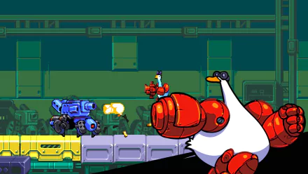 Mighty Goose HD desktop wallpaper featuring an animated goose character in an action-packed scene with vibrant graphics and a futuristic background.