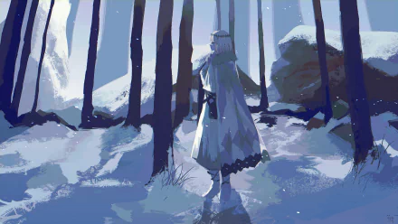 4K anime desktop wallpaper: Pretender (Fate/Grand Order) stands cloaked in white in a moonlit snowy forest, tall pines and rocks bathed in cool blue winter light.