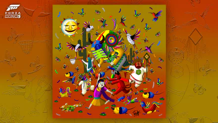 Vibrant Forza Horizon 5 themed HD desktop wallpaper featuring colorful abstract art and game motifs