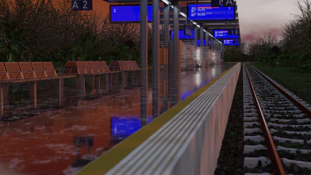 Blender 3D blender render of a man-made train station platform at dusk, wet reflective floor, illuminated blue signs and rail tracks — 4K Ultra HD PC desktop wallpaper/background.