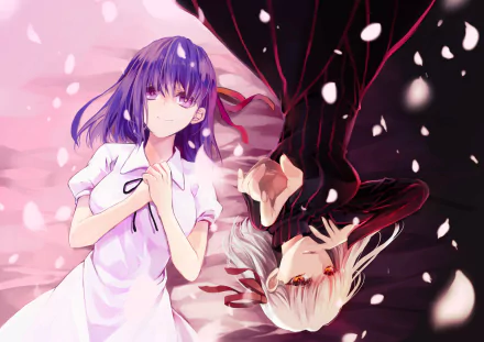 Sakura Matou and Dark Sakura from Fate/Stay Night mirrored amid falling cherry petals, pink and black contrast — 4K Ultra HD anime PC desktop wallpaper/background.