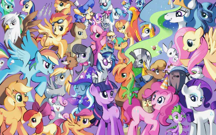 HD PC desktop wallpaper of TV show My Little Pony: Friendship Is Magic showing a crowded, colorful cast of ponies smiling and posing against a pastel, swirling background.