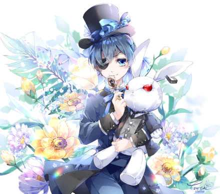 HD anime wallpaper featuring Ciel Phantomhive from Black Butler, holding a white rabbit against a backdrop of pastel flowers and soft light.