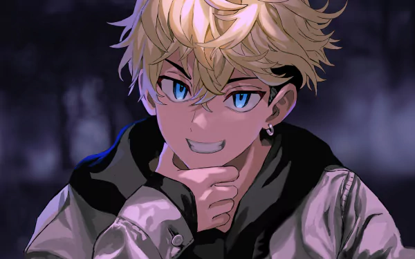 4K Ultra HD anime wallpaper featuring Chifuyu Matsuno from Tokyo Revengers with striking blue eyes and blonde hair against a dark, blurred background.