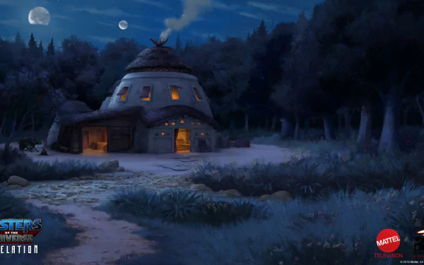 HD desktop wallpaper featuring a serene nighttime scene from Masters of the Universe: Revelation, with a cozy hut under a moonlit sky.