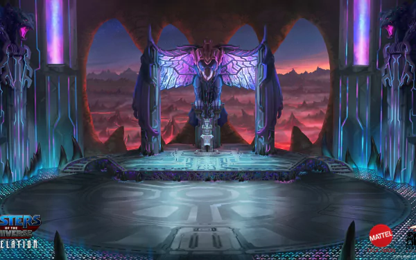 HD desktop wallpaper featuring a dramatic Masters of the Universe: Revelation scene with a majestic throne and mystical surroundings set against a backdrop of a red-hued sky.