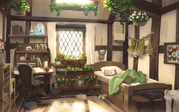 Cozy anime room: sunlit wooden-beamed bedroom/study with plants, desk, bookshelf and bed by a latticed window — 4K Ultra HD PC desktop wallpaper/background.