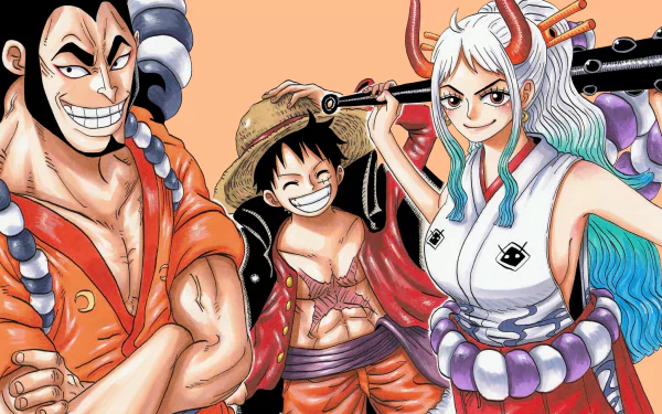 HD anime desktop wallpaper featuring Yamato, Monkey D. Luffy, and Kozuki Oden from One Piece, showcasing vibrant character designs against a soft peach background.