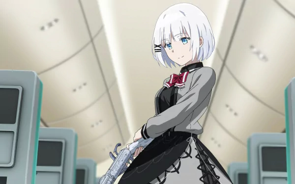 HD anime desktop wallpaper featuring Siesta from The Detective Is Already Dead, standing confidently with a gun in a futuristic, sleek setting.