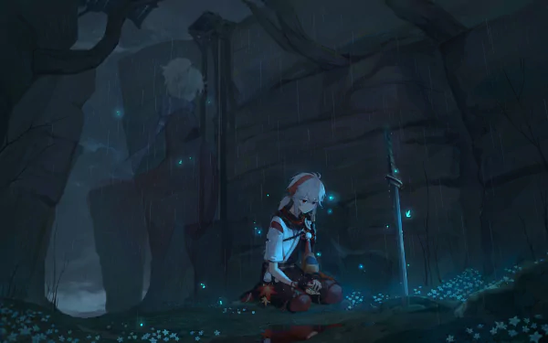 HD wallpaper featuring Kaedehara Kazuha from Genshin Impact, set in a mystical, dimly lit environment with glowing plants and a sword planted in the ground.