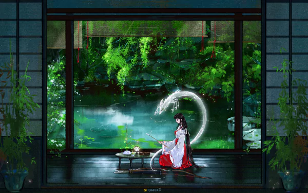 HD anime desktop wallpaper featuring Kikyô from InuYasha with long hair, sitting gracefully by a tranquil pond surrounded by lush greenery.