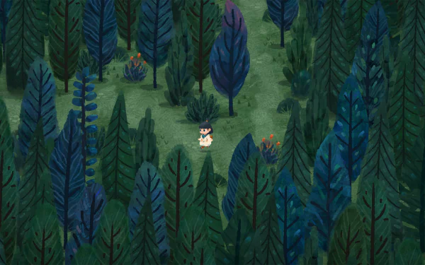 HD desktop wallpaper featuring Carto, a character exploring a lush, stylized forest with tall, colorful trees.