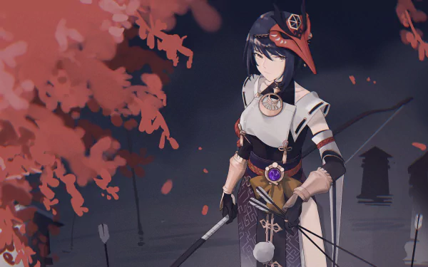 HD PC desktop wallpaper of Kujou Sara from Genshin Impact, featuring her in detailed attire with a dark, atmospheric background and falling red leaves.