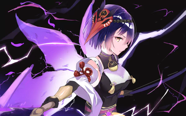 HD PC desktop wallpaper featuring Kujou Sara from the video game Genshin Impact, showcasing her in a dynamic, electrifying pose with purple and black tones.