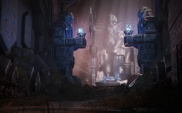 Dungeons & Dragons: Dark Alliance HD Wallpaper featuring a mystical corridor with illuminated statues