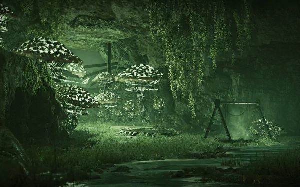 Mystical underground cavern from Dungeons & Dragons: Dark Alliance HD wallpaper with glowing mushrooms and hanging vines for desktop background.