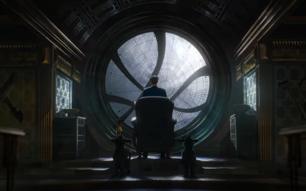 HD PC wallpaper featuring Doctor Strange from the TV show What If..., showing him seated in front of a large, circular window casting dramatic light.