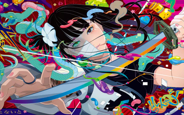 Fortnite loading screen-style HD PC desktop wallpaper: anime-inspired masked girl wielding a glowing blade amid swirling neon ribbons and abstract shapes, video game artwork.