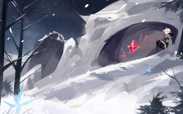 HD PC desktop wallpaper of Albedo from the video game Genshin Impact, set in a snowy, mystical landscape with glowing red and blue symbols.