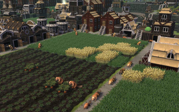 HD desktop wallpaper from Timberborn featuring a bustling beaver colony with structures and farmland.