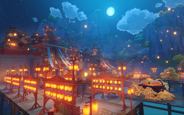 4K Ultra HD PC desktop wallpaper featuring a vibrant night scene of Liyue from the Genshin Impact video game, illuminated by lanterns under a full moon.