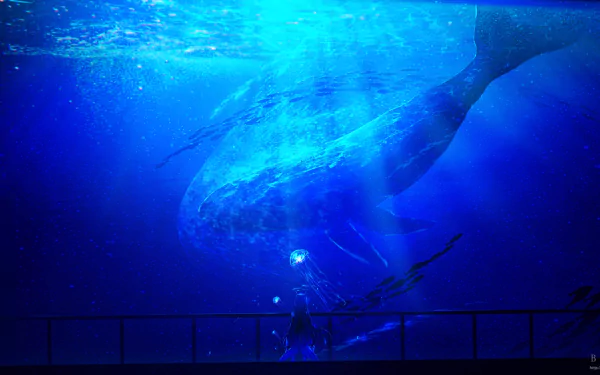 A captivating HD desktop wallpaper featuring Sangonomiya Kokomi from Genshin Impact, set against a mesmerizing underwater scene with a giant whale, evoking a serene aquatic atmosphere.